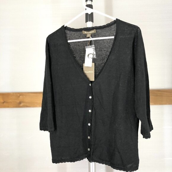 TOMMY BAHAMA NWT Lea 100% Linen Scalloped Black 3/4 Sleeve Cardigan  Sz L - Picture 2 of 8